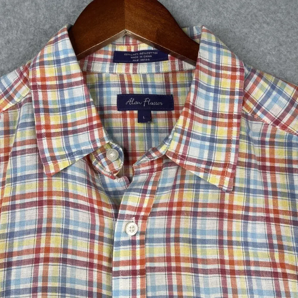 Alan Flusser Linen Blend Shirt Colorful Plaid Pocket Short Sleeve Button Up L
